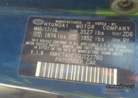 2016 Hyundai Accent Se from USA, damaged, VIN KMHCT4AE1GU122760